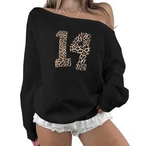 헤사코 14번 오프숄더 오버사이즈 스웨트셔츠 여성 긴팔 레오파드 그래픽 유니폼 Y2k 풀오버 스트리트웨어