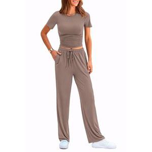 프리티가든 여성용 투피스 여름 운동복 라운지 세트 반팔 크롭탑 티셔츠 하이웨이스트 와이드 레그 팬츠