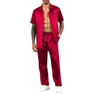 렉기 남성 새틴 2피스 의상 라펠 반팔 운동복 버튼 탑 조거 팬츠 세트 포켓 프롬 클럽 파티