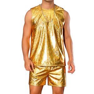라스 아마데우스 홀로그램 탱크 탑 앤 반바지 세트 남성 파티 디스코 메탈릭 2피스 의상