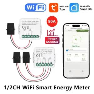 통계 미터 측정기 1/2CT 전류 클램프 에너지 스마트 WiFi 전력 AC100240V 80A 단상 센서 모니터 홈