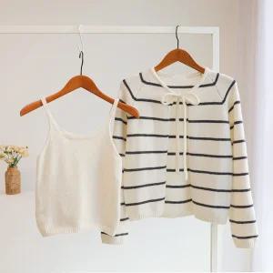 [잇수다] 본터빈 리본 스트라이프 가디건 + 레이어드 나시 세트