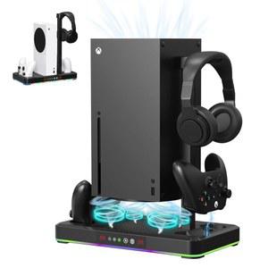 나고스 Xbox 시리즈 X/S 콘솔 액세서리, 컨트롤러 충전 도크가 있는 쿨링 스탠드, 헤드셋 홀더, RGB 라이트 쇼, 블랙
