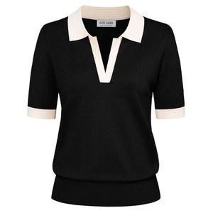 케이트 카신 여성 반팔 폴로 스웨터 브이넥 니트 상의 캐주얼 골지 셔츠 루즈 풀오버