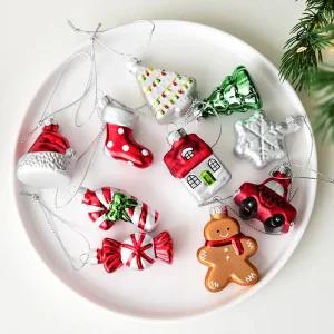 크리스마스 오너먼트 9개 세트 산타 눈송이 눈사람 장식 유리 미니 트리 드롭 데코 소품