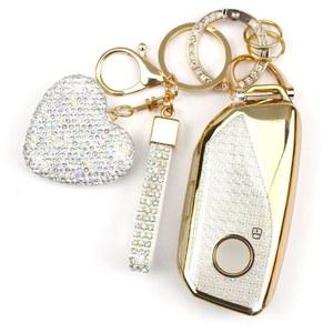 [미국배송] 다이아몬드 키체인이 장착된 이케케이스 키 포브 커버 BMW 차량 홀더와 호환 7 시리즈 740 760I I5 I7 IX X1 X5 X6 XM 2023 2024 여성용 프로텍터 4개의 버튼(화이트 하트)