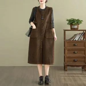 여성 데일룩 원피스 민소매 빈티지 솔리드 코듀로이 가을 겨울 롱 카디건 나시 스커트 힛템