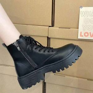 여자 레이스업 블랙 옆지퍼 데일리 가죽 워커