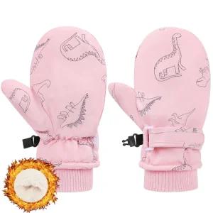 Kuneuii 유아 벙어리 장갑 아동용 방수 어린이 겨울 남아 여아 스키 따뜻한, 핑크 공룡