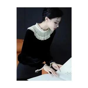 여성 데일룩 블라우스 레이스 프릴 블랙 벨벳 가을 겨울 럭셔리 유니크하고 예쁜 오버핏 상의 DAOL4