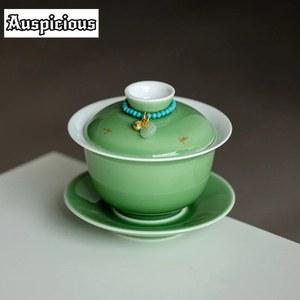 쏘서 뚜껑이 달린 에메랄드 그린 도자기 가이완 부티크 차 그릇 키트 차 양조 커버 다도 공예 150ml