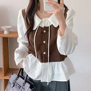 [옷자락]여자 카라넥 배색 골지 버튼 레이스 프릴 블라우스