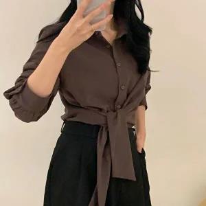 [옷자락]여자 사선 매듭타이 카라넥 오피스룩 셔츠 블라우스
