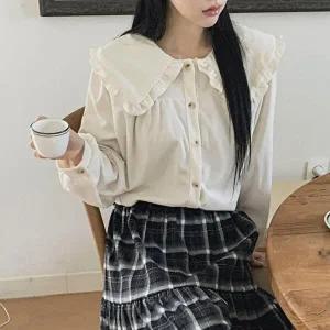 [옷자락]여성 러블리 코튼 프릴 코듀로이 빅카라넥 블라우스