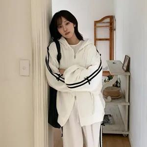 [옷자락]여자 키치무드 리본 트랙 오버핏 후드 집업 팬츠 세트