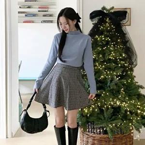 [옷자락]여성 레이온 잔잔체크 핀턱 플레어 미니 스커트