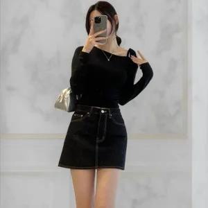 [옷자락]여성 논페이드 청치마 스티치 A라인 블랙 미니스커트