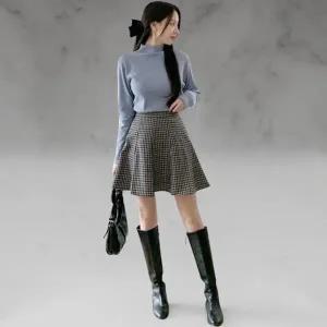 [옷자락]여성 레이온 체크 패턴 핀턱 플레어 미니 스커트