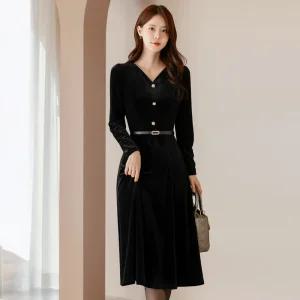 [시크라인] (~XXL까지) 카이넬 큐빅 벨트 벨벳 플레어 원피스 겨울 하객룩 오피스룩 모임룩 격식룩 연말룩 빅사이즈