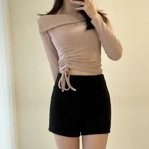 여자 셔링 크롭 오프숄더 글램룩 연분홍 골지 티셔츠