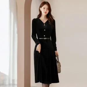 XXL까지) 카이넬 큐빅 벨트 벨벳 플레어 원피스 겨울 하객룩 오피스룩 모임룩 격식룩 연말룩 빅사이즈