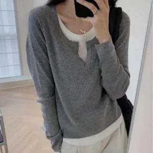 슬릿 여성 데일리 레이어드 긴팔 티셔츠 여자상의 겨울 패션