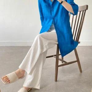 여자 린넨 반팔 루즈핏 데일리 롱 남방 셔츠_3