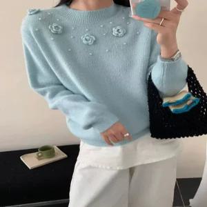 [하젤]코사지 꽃뜨개 골지 반목 니트_W4363