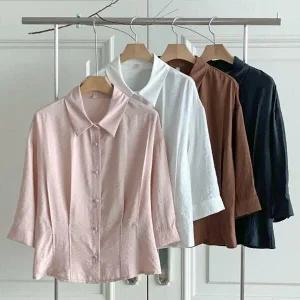여자 무지컬러 레이온 루즈핏 핀턱 7부 블라우스_3