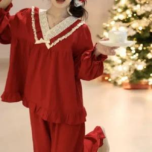 ( )헤이레나 레드 여성 파자마 잠옷 크리스마스 파티 슬립오버 수면 긴팔 신혼 겨울 홈 포근