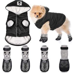 후드 코트와 고양이 부츠 신발 양말 스타일리시한 강아지 애완동물 재킷 작은 강아지를 위한 방수 블랙