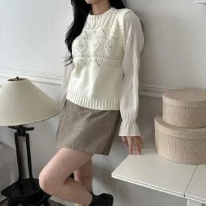 (색상 크림)펀칭 프릴 니트 블라우스 LLT124 프릴 소매 리본 빅카라 블라우스 긴팔 장식 봄 여성 남방 신상