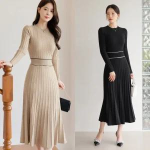 [시크라인] (~XXL까지) 미로나 배색라인 골지 니트 원피스 가을 하객룩 데일리 일상 오피스룩 자체제작 빅사이즈