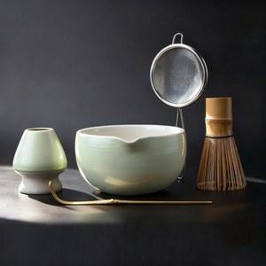 조이시 말차 거품기 세트 키트, 5개들이 세라믹 말차 그릇(스팟 & 홀더 포함), 대나무 거품기, 체, 스쿱, 전통 일본 말차 차 만들기 도구, 완비 선물 세트