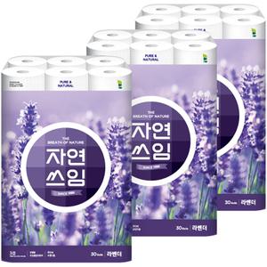 더 도톰한 자연쓰임 무형광 라벤더 화장지 3겹 30m 30롤 3팩 총 90롤