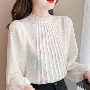 어깨 레이스 셔링 퍼프 소매 긴팔 블라우스 블라우스 여성 셔츠 퍼프 남방 리본 레이스 오피스룩