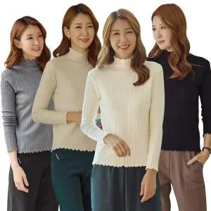 이브바바 여성 골지 주름 목폴라 긴팔 얇은 가을 니트 티셔츠