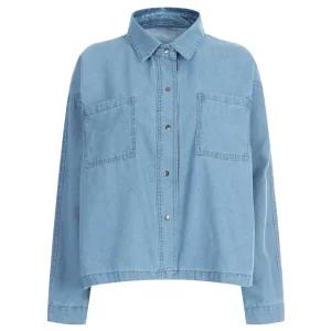 여성 카라넥 크롭 포켓 가오리핏 언발 남방 데님 셔츠 JVL-WBL-20280-연청