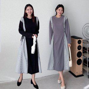 [기타]여성 봄 허리스트링 라운드 스트라이프 배색 긴팔 롱원피스 -OP0456S- 빅사이즈 루즈핏