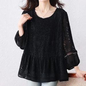 [퀸이즈][퀸이즈] [99까지]빅사이즈 노프 플라워 레이스 시스루 블라우스