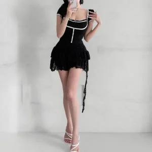 [다잇템] 여성 잔주름 쁘띠 언발란스 고무줄 티어드 레이스 스커트_21985267_588872