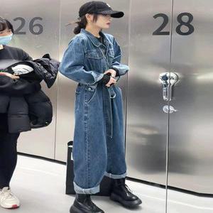 여성 데님 점프수트 진청 와이드핏 루즈핏 멜빵바지