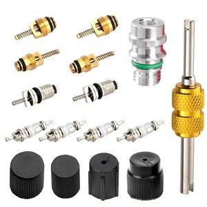 DYEKNEE 16 PCS 자동차 에어컨 밸브 코어 액세서리 R134a R12 수리 키트 분해 공구가 있는 A C 시스템 포트 고저압 씰링 캡 자동차용 범용 블랙