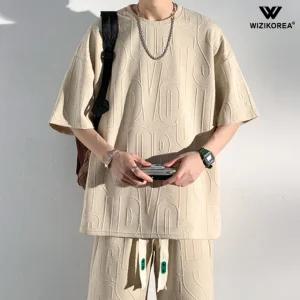 남성 엠보 레터링 트레이닝 세트 여름 오버핏 빅사이즈 밴딩 상하복 WI126SET