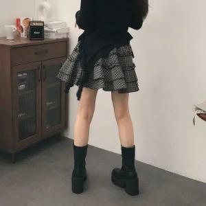 [입꼬][속바지O]초코 언발 프릴 캉캉 체크 밴딩 미니스커트2color