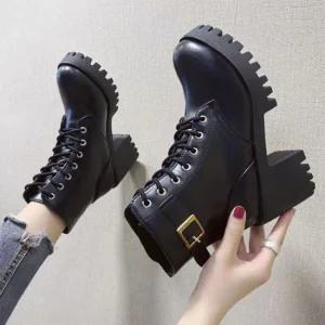 여성통굽워커 여성 레이스업 버클 통굽 워커 1P 털안감 구두 신발