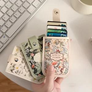 여성 카드지갑 슬라이드 플라워 디자인 명함 지갑 슬림 휴대용 7.5x10.5cm PVC