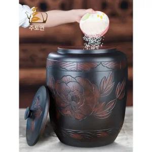 고급스러운 오동나무 쌀독 흑단목 쌀통 항아리 숯 방습 클래식 연꽃 5kg