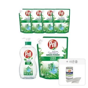 프릴 주방세제 그린파워 알로에베라 용기, 700ml, 1개 + 리필, 1L, 5개  + 증정 (버블버블 일회용 롤 수세미 28장(롤형),1개)