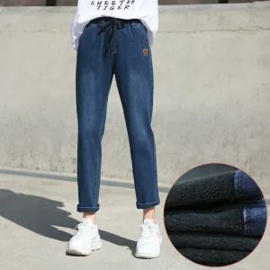 동대문스타일 여자 겨울바지 노멀 워싱 배기핏 스판 융기모 밴딩청바지 HK802(기모)